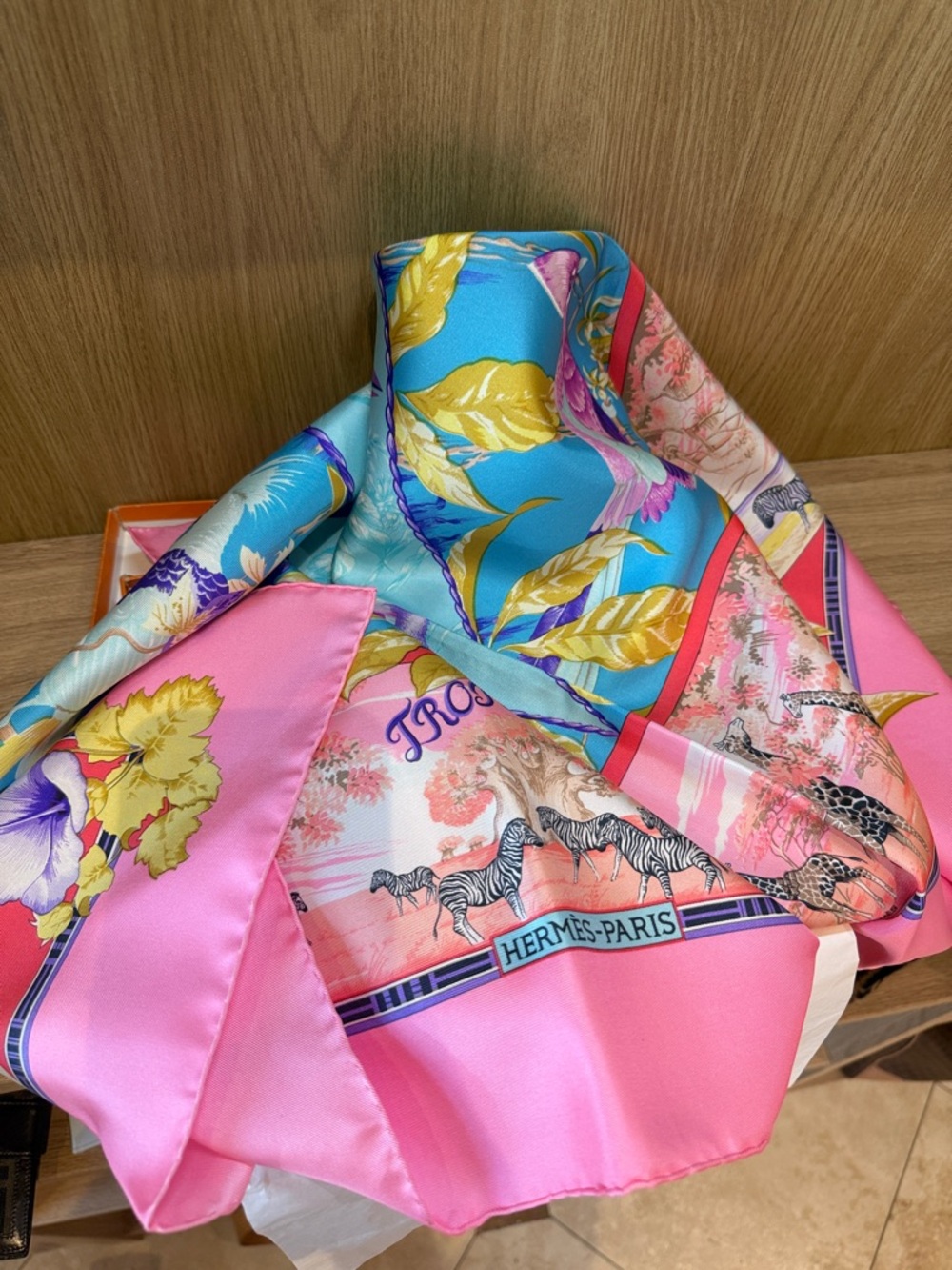 Hermes Pink and Turquoise Silk Scarf with Floral and Zebra Motif
